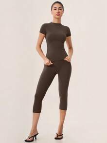 TimeOff Women's One Set Solid Color Round Neck Short Sleeve Slim Fit Butt-Lifting Mid-Length Pants Sports Set - Coffee Brown - View 7