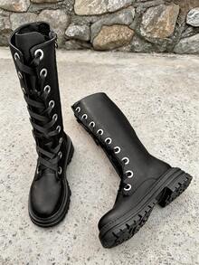 Women's Casual Fashion Boots, Black Knee-High, Non-Slip Low Heel Wide Shaft, Suitable For Daily Outdoor Activities, Autumn/Winter - Black - View 2