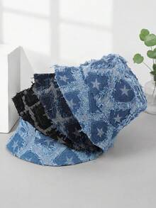 Vintage Star Print Bucket Hat, Distressed Frayed Edge Sun Hat, Oversized Streetwear Bucket Hat For Women Men Summer Travel - A - View 1