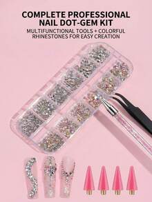 12-Grid Box Multi-Color Flat Back Rhinestones Nail Art Decoration Accessories, Easy To Pick Up, Long-Lasting Sparkle, Beginner-Friendly Nail Art Rhinestone Pen And Multi-Size Flat Back Rhinestone Set For Nail Art Beginners, Crafts, Phone Case And DIY Decoration - Multicolor - View 8