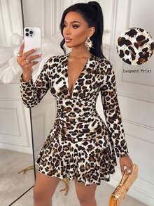 Fashion Women's Deep V-Neck Printed Dress, Long Sleeve Ruffle Hem, Medium Stretch Knit Fabric, Elegant Autumn Style - Leopard Brown - View 9
