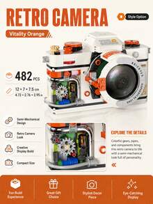 1pc 428-556 PCS Retro Camera Building Blocks, 4 Styles Available, Semi-Mechanical Camera Model Toy, Visible Gear Details, Mini Bricks DIY Creative Build, Desktop Display Ornament, Gift Idea For Home Office Shelf Decor - Clear - View 9