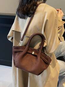 女款手提籃包 時尚抽繩扣環設計 極簡優雅復古斜挎包 PU啞光 秋冬咖啡色 - 咖啡 - 查看 8