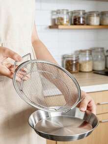 Haus Hana 1pc/2pcs Saringan Minyak Stainless Steel, Keranjang Penyaring Minyak Goreng Jaring Halus dengan Pegangan Ganda, Rak Pengeringan Penyaring Minyak Gaya Bingkai, Keranjang Penyaring Goreng Bulat, Cocok untuk Sayap Ayam - Set dua potong - View 10