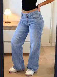 GILIPUR Women's High Waist Belt Decor Light Wash Wide Leg Denim Jeans, Casual Loose Fit Long Pants Fall - Blue - View 11