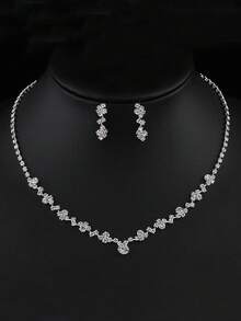 3pcs Simple Waterdrop-Shaped Rhinestone Necklace And Earrings Set Suitable For Women's Wedding, Birthday, Commemoration, Party - Silver - View 4