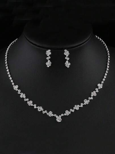 3pcs Simple Waterdrop-Shaped Rhinestone Necklace And Earrings Set Suitable For Women's Wedding, Birthday, Commemoration, Party