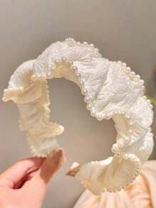 1pc Pearl Large Bow Cream White Vintage Versatile Headband - White - View 3