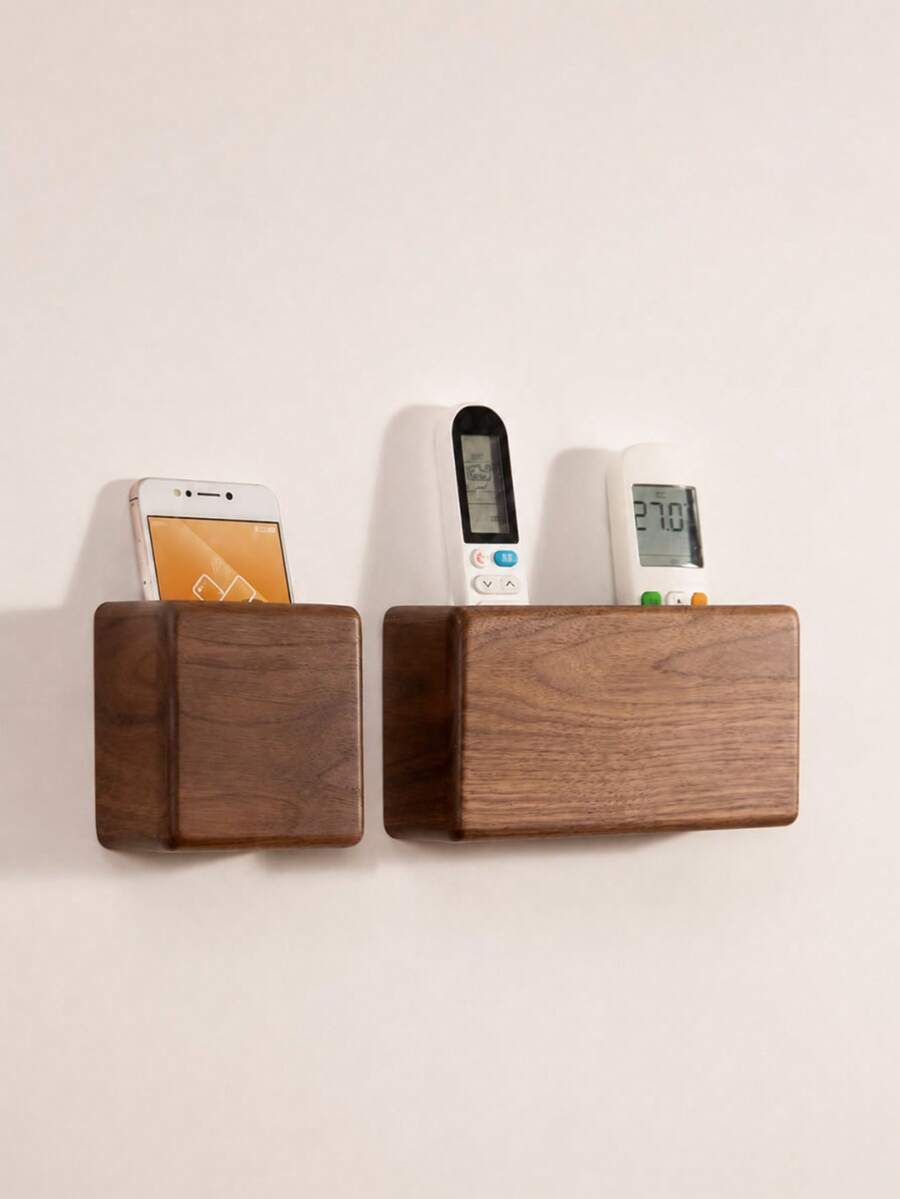 1pc Wall-Mounted Storage Box With Bottom Charging Port, Minimalist Rectangular Wall-Mounted Phone, Scissors And Small Items Organizer, Perfect For Living Room, Bedroom, Office And Home Gift - Coffee Brown - View 1
