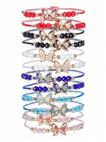 12pcs Oil Painted Butterfly With Faceted Crystal Beads CC Spacer Beads Adjustable Woven Bracelet Set For Women, Suitable For Family, Friends Sharing, Gift Giving And Daily Wear - Multicolor - View 4