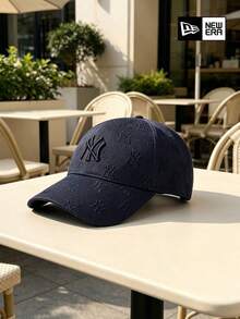 New Era Navy Blue NY Letter Embroidered All-Over Pattern Curved Brim Cap, Low-Key Everyday Hat - Navy Blue - View 4