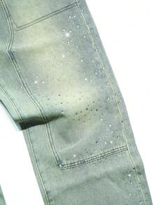 Celana Jeans Pria Streetwear Gaya Vintage dengan Hiasan Berlian Imitasi dan Potongan Lurus - Light Wash - View 6