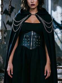 1pc Women's Gothic PU Leather Wide Waist Cincher With Zipper And Silver Metal Buckle, Punk Style Elastic Waist Belt Accessory For Halloween Party - Black - View 3