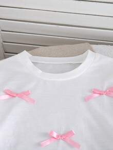 Tween Girls' Casual Fashion 2pcs Set, Pink Satin Bow Long Sleeve Top And Butterfly Print Straight Leg Pants, Spring/Autumn - White - View 3