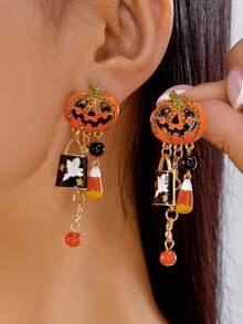 1pc Novel Halloween Pumpkin Earrings, Micro-Inlaid Rhinestones With Enamel Coating, Fun Exaggerated Ear Jewelry - Orange - View 1