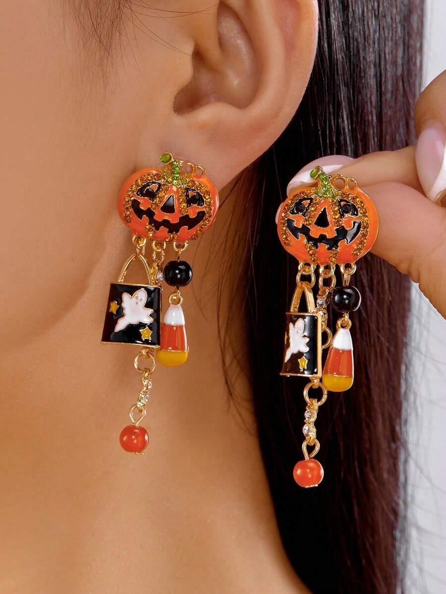 1pc Novel Halloween Pumpkin Earrings, Micro-Inlaid Rhinestones With Enamel Coating, Fun Exaggerated Ear Jewelry - Orange - View 1