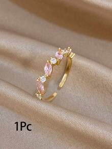 1Pc/Set Elegant Gold Plated Pink Floral Marquise Zirconia Open Ring,Jewelry Set For Women,Party,Daily,Christmas,Wedding,Boho,Valentine Birthday Gifts - Multicolor - View 11