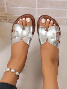 Women Silver Metallic H‑Shape Woven Slide Sandals, Open‑Toe Outdoor Slip‑On Slides, Summer Beach Vacation Shoes - Silver - View 4