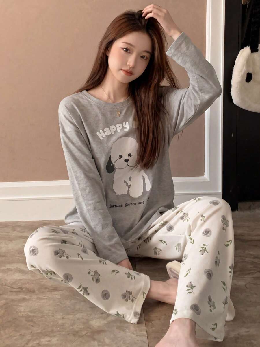 2件組灰色女款圓領套頭長袖睡衣套裝，寬版白色可愛卡通小狗印花居家服，適合四季穿著