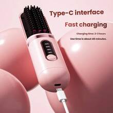 2-In-1 Hot Straightening & Curling Iron (2000mAh), Hair Salon Styling Tool Straightening Comb, Anti-Frizz Comb Portable Wireless Straightening Comb, Fast Heating, Suitable For All Hair Types, Anti-Scald Design LED Digital Display, USB Rechargeable & Auto Shut-Off Function, Lightweight & Portable, Suitable For Home & Travel Use, Women's Straightening Comb, Fashionable Handle Design, Sturdy Construction. Professional Styling Tool, Ideal Gift For Women, Also Includes Regular Comb And Hair Clips - A - View 2
