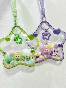 1 Bag Macaron Color Flocked Doll With Transparent PVC Printed Star Bag Charm Lanyard, Dopamine Star Keychain With Spring Clip, Bag Pendant, Birthday Gift, Party Favor - Multicolor - View 4