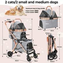 3-In-1 Foldable Dog Buggy Up To 20kg | Foldable Cat Stroller, Pet Buggy With 4 360° Rubber Wheels, With Storage Basket And Cup Holder - 金色+灰色 - 查看 2