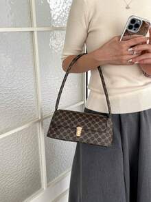 柔軟面料PU皮革金屬鎖飾貝殼造型復古風法棍包 女款單肩包 新款女包 小包 手提包 - 棕色 - 查看 3