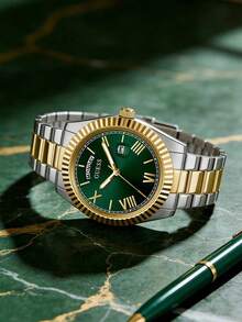 GUESS Men's Two-Tone Stainless Steel Quartz Watch Green Radial Dial Date Display Wristwatch GW0265G8 - one-size - View 11