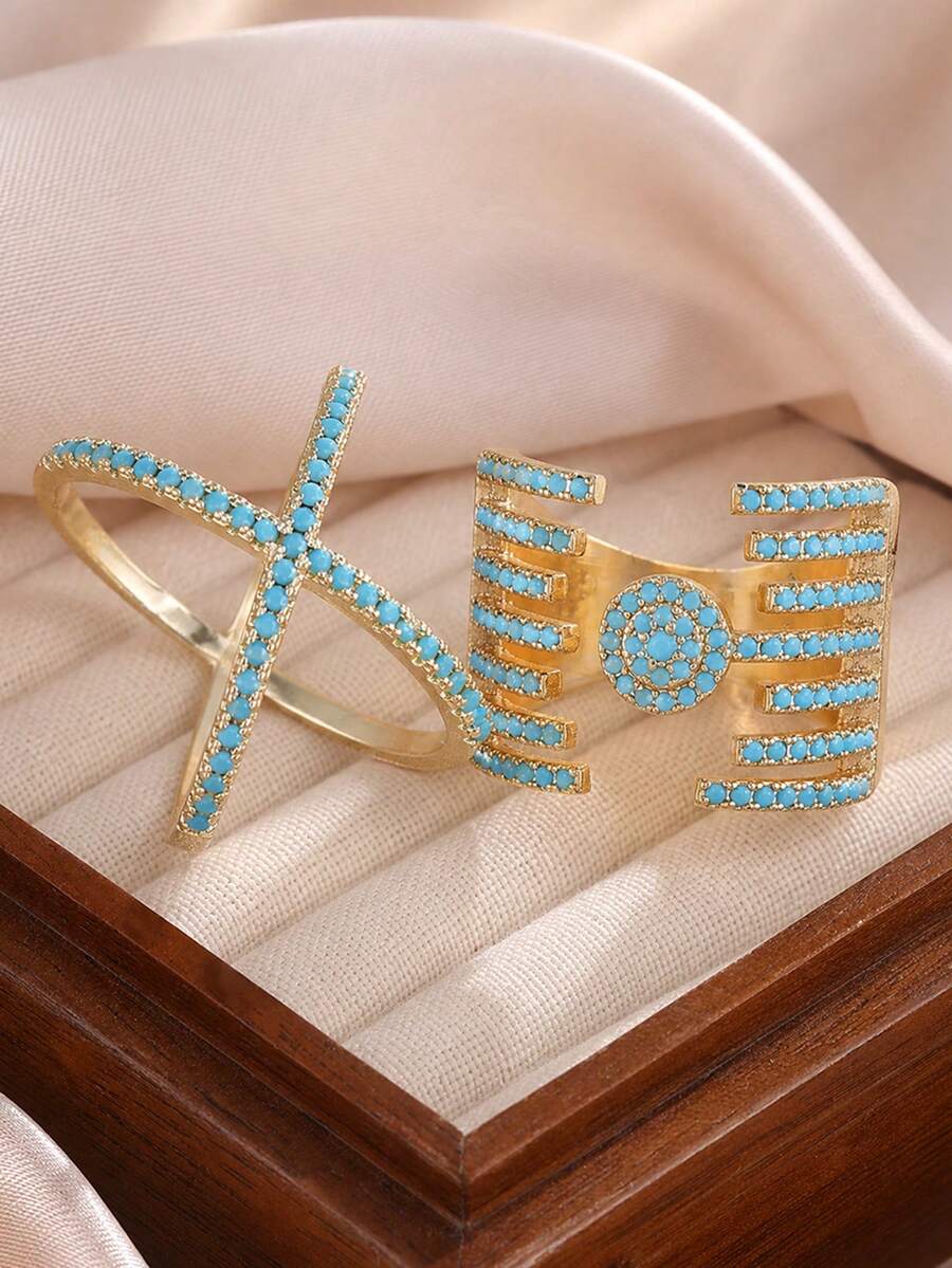 2pcs Fashion New Blue Turquoise Gold-Plated X-Cross Multi-Layer Geometric Open Ring Set - 2 Rings- - View 1