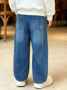 Tween Boy Simple Light Wash Wide Leg Jeans, 8-11 Years, New Sand-Washed Process, Elastic Waistband, Adjustable Fit, No Zipper Design, Semi-Elastic, Loose Fit, Classic Versatile Denim Pants, All-Season Wear - Light Wash - View 3