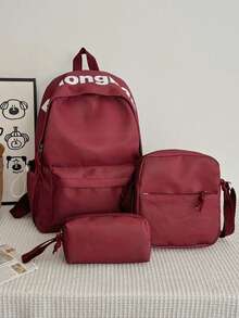 Dedoo Juego de 3 piezas de mochila, estampado de estrellas & letras, cordón con cremallera de bloques de color, gran capacidad, mochila escolar, bolso diario para estudiantes de universidad y campus - Rojo - Ver 3
