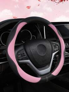 1PC Black Pink PU Leather Steering Wheel Cover, Cute Feminine Car Interior Accessories, Stylish Color Block Round Auto Decor With Soft Textured Grip, Premium Stitched Universal Fit Steering Wheel Protector For Women Daily Commute Road Trip - A - View 9