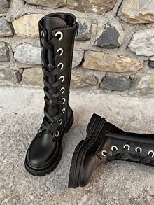 Women's Casual Fashion Boots, Black Knee-High, Non-Slip Low Heel Wide Shaft, Suitable For Daily Outdoor Activities, Autumn/Winter - Black - View 7