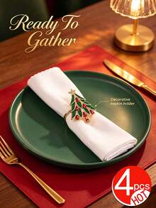 4pcs Christmas Tree Design Napkin Rings With Red Diamond And Enamel Decoration, Suitable For Birthday, Wedding, Thanksgiving, Christmas, Easter, Halloween, Banquet, Buffet Table Exquisite And Minimalist Decor - Multicolor - View 8