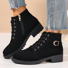 Women's Round Toe Chunky Heel Lace-Up Boots With Side Zipper And Buckle Decor, Cool Style Ankle Boots For Autumn/Winter Outdoor Commute - Black - View 2