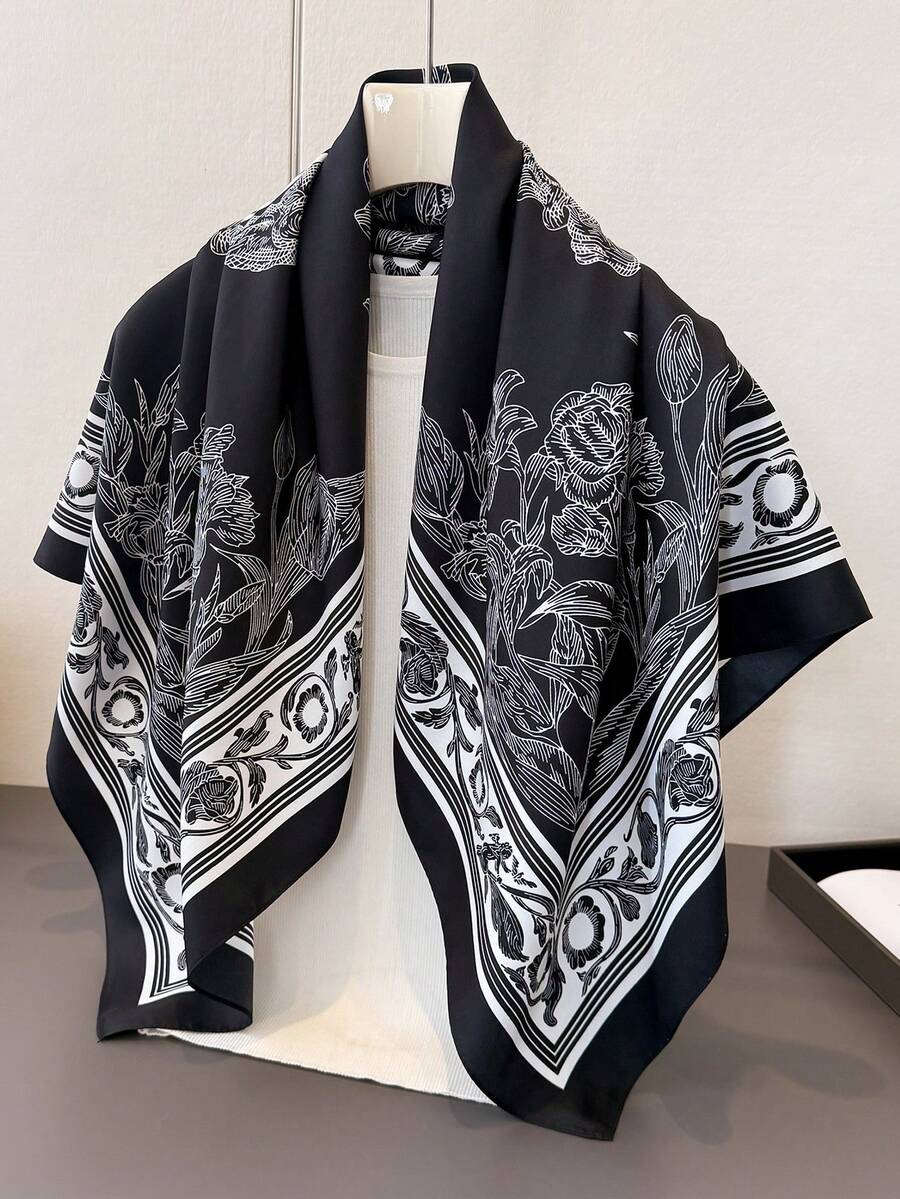 1pc Fashion Women's Colorblock Versatile Printed Polyester Scarf Square - Black - View 1