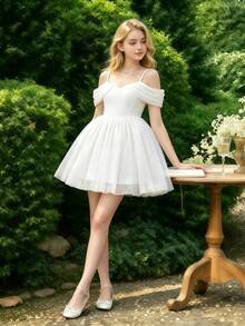 Tween Girls Fashionable Off-Shoulder Evening Gown For Baptism, Bridesmaid, Wedding, Prom, Elegant Princess Birthday Party, Graduation Ceremony, Performance - White - View 5