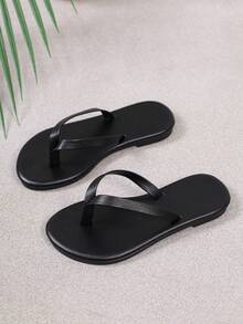 Black Solid Color Kids Flip Flop Sandals, Minimalist Thin Strap Flat Sole, Daily Indoor/Outdoor Wear, Girls Slip-On Flip Flops - Black - View 2