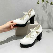 Geeyea Vintage High-Heel Mary Jane Shoes For Women,Round-Toe Block-Heel Slip-On Shoes With An Ankle Strap Buckle,Mary Jane Shoes - 白色 - 查看 3