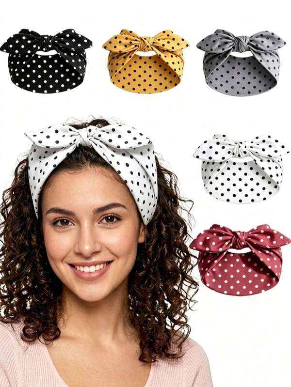 5pcs Polka Dot Women's Headbands, French Vintage Bow Knot Headbands, Wide Elastic Twisted Headbands, Retro Elastic Headbands, Girls Y2K Hair Accessories, Autumn Hair Accessories