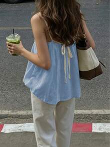 Women's Sleeveless Woven Fabric Lace Strap Top, Casual Loose Fit, Regular Length Shirt Texture Fabric Lace Patchwork Design Suitable For Daily Wear, Daily Commute, Beach Vacation - Baby Blue - View 5