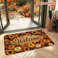 1/2pcs Autumn Door Mat, Thanksgiving Theme Flannel Door Mat, Soft Comfortable Absorbent Non-Slip Machine Washable, Multi-Functional Home Entrance Carpet Kitchen Bathroom Hallway Mat, Decorative Sunflower Pumpkin Maple Leaf Pattern, Suitable For Living Room Bedroom Patio Laundry Room Holiday Decor - Multicolor - View 5