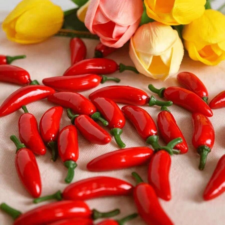30pcs Red Mini Artificial Chili Peppers, Realistic Fake Vegetable Decor, Rustic Style Decorative Accessories, Suitable For Home Interior, Kitchen Cabinet Display, Fruit Basket Filler And Farmhouse Scene Arrangement - Multicolor - View 1