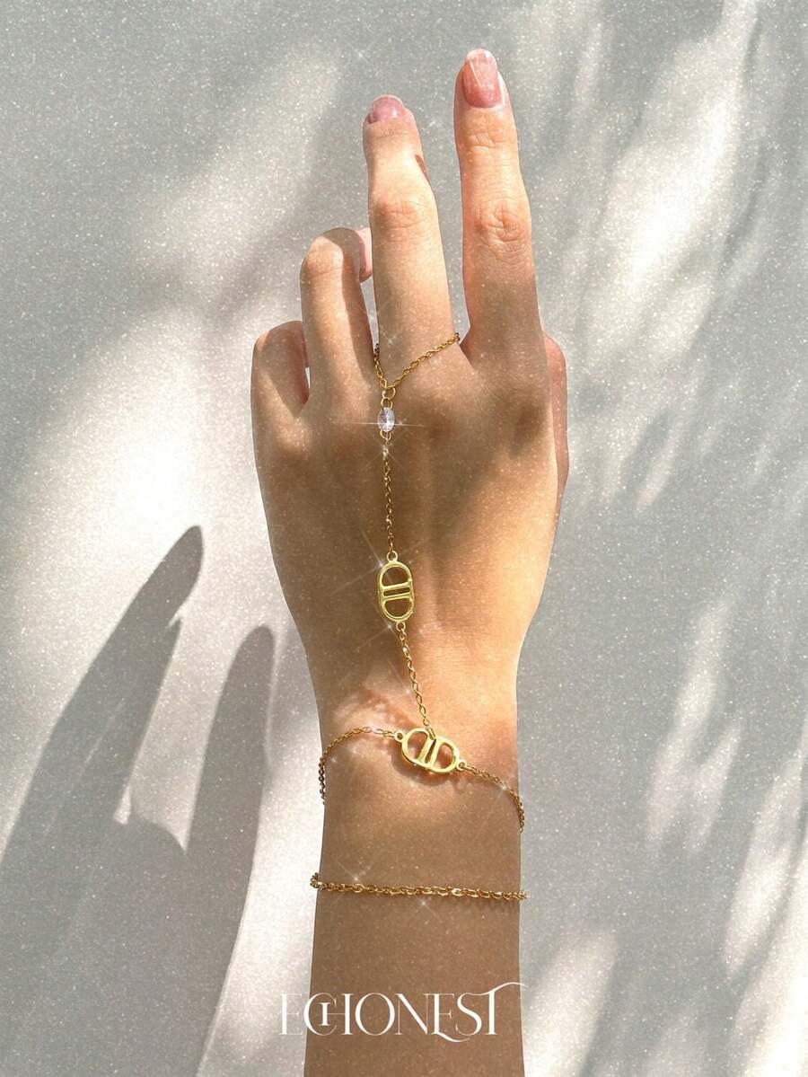 EchoNest 1pc Gold-Colored Stainless Steel Letter D High-Quality Zirconia Double-Layer Connected Finger Chain - Gold - View 1