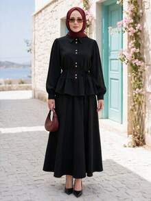 Women's Conservative 2 Pieces Set, Lapel Puff Sleeve Ruffle Top With Long Flared Skirt, Front Button Placket Waist Tie Casual Daily Outfit - Black - View 2