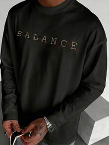 Men's Spring/Autumn Fashion Versatile English Heart & Brain Graphic Print Crew Neck Long Sleeve T-Shirt - Black - View 3