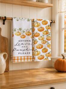 2pcs Minimalist Autumn Pumpkin Pattern Kitchen Towels, Soft Polyester Dish Cloths, Suitable For Kitchen Decor, Kitchen Cleaning, Holiday Party Decoration, Kitchen & Bathroom Supplies, Home Essentials, Home Decor, Housewarming Gift - Multicolor - View 2