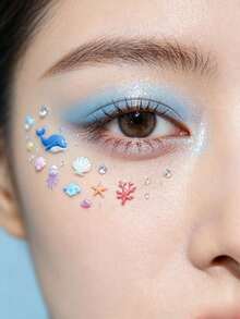 Cute Underwater Animal Face Sticker Set With Tweezers, Whale Octopus Starfish Shell Self-Adhesive Face Stickers For Beach Vacation And Music Festival Makeup,Halloween Costume - Multicolor - View 3