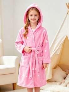 Tween Girl Star Print Hooded Belted Flannel Robe - Pink - View 2