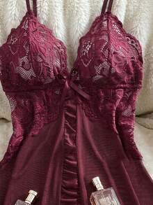 Women's Deep V Lace Halter Neck Mesh Sheer Sexy Nightgown, For Home Use, Suitable For Newlyweds, Valentine's Day Style - Redwood - View 5